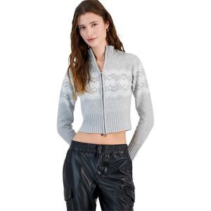 PLANET HEART Womens Fair Isle Cropped Cardigan Sweater, Grey, NWT